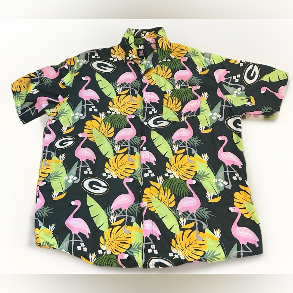 NFL Green Bay Packers Tropical Flamingo Black and Pink Casual Button-Up Shirt XL